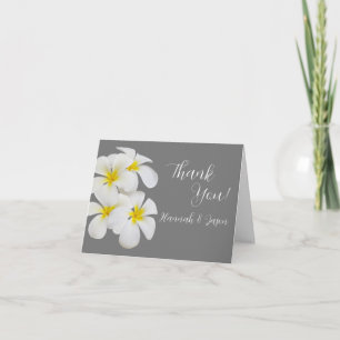 White Frangipani Flowers, on Medium Grey, Wedding Thank You Card
