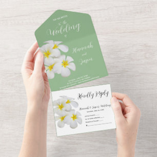 White Frangipani Flowers, on Sage, Wedding All In One Invitation