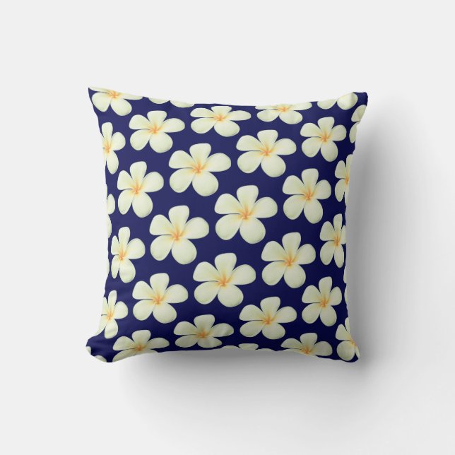 White Frangipani Plumeria Flowers on Navy Blue Cushion (Front)