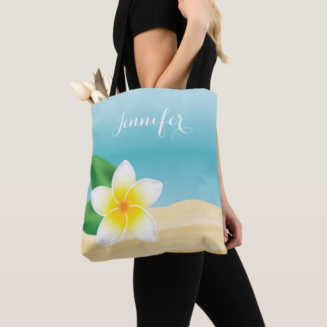White Frangipani Tropical Flower With Custom Name Tote Bag (Close Up)