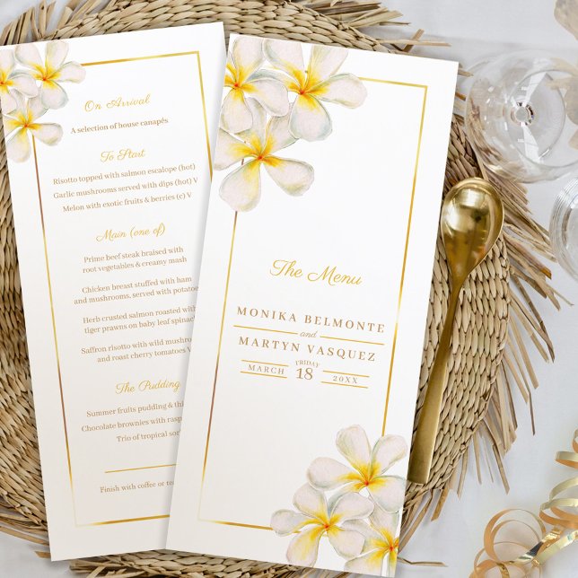 White frangipani tropical wedding menu (Creator Uploaded)