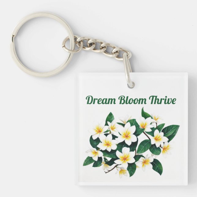 White Frangipani Watercolor Flower Key Ring (Front)