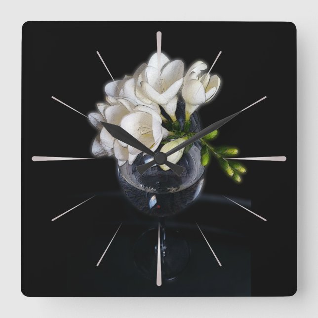 white freesia in a glass square wall clock (Front)