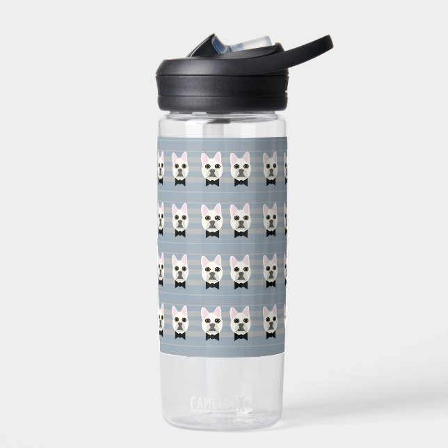 White French Bulldog, Stripes Water Bottle (Left)