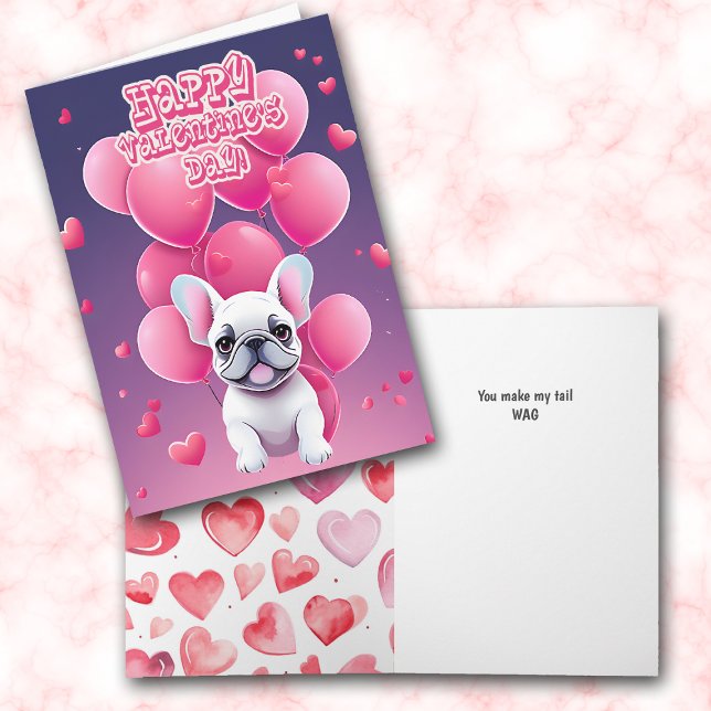 White French Bulldog Valentine Balloons Holiday Card (Creator Uploaded)