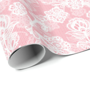 White French Lace on Rose Pink Wrapping Paper