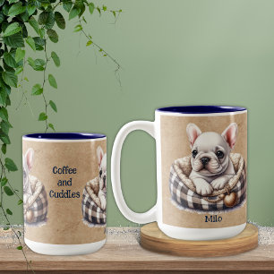 White Frenchie in Plaid Dog Bed  Two-Tone Coffee Mug