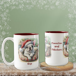 White Frenchie, in Santa Hat, Holiday Dog Bed Two-Tone Coffee Mug