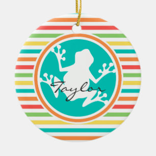 White Frog; Bright Rainbow Stripes Ceramic Tree Decoration
