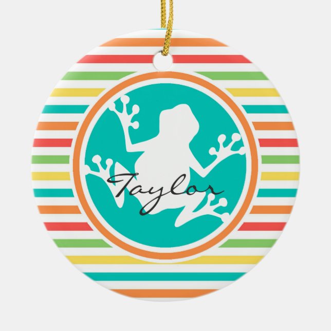 White Frog; Bright Rainbow Stripes Ceramic Tree Decoration (Front)