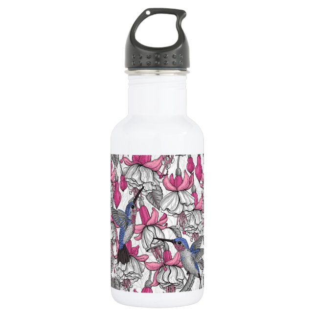 White fuchsia and hummingbirds 532 ml water bottle (Front)