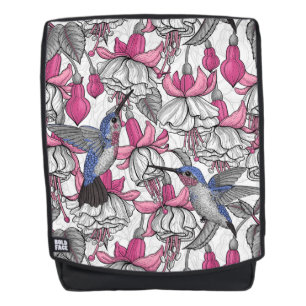 White fuchsia and hummingbirds backpack
