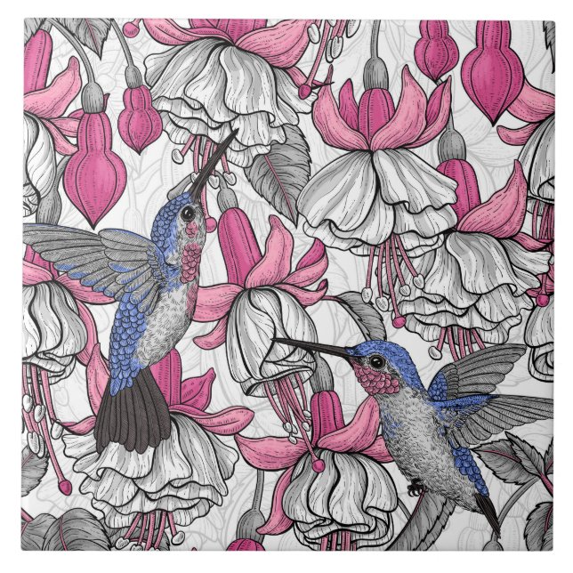 White fuchsia and hummingbirds ceramic tile (Front)