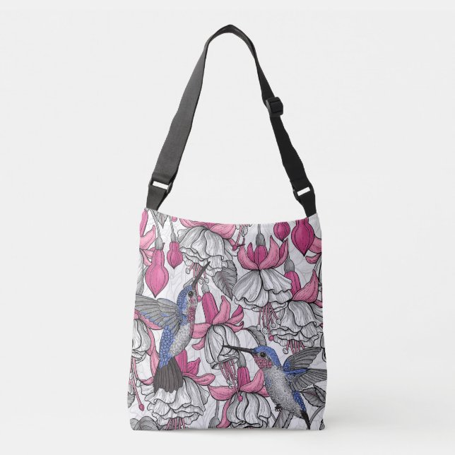 White fuchsia and hummingbirds crossbody bag (Front)