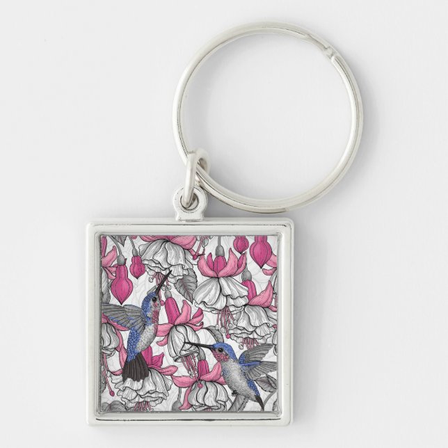 White fuchsia and hummingbirds key ring (Front)