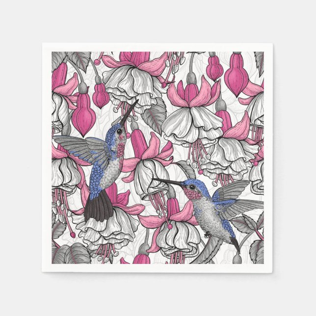 White fuchsia and hummingbirds napkin (Front)