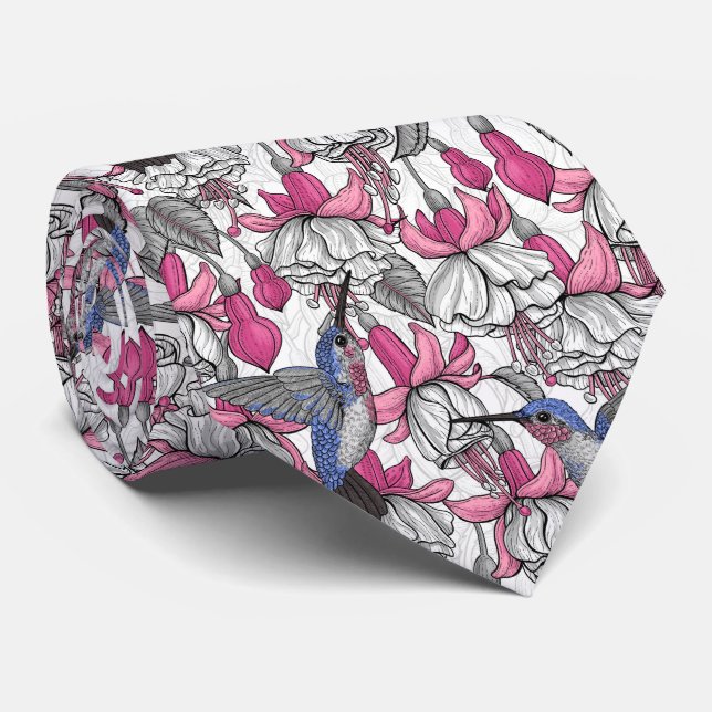 White fuchsia and hummingbirds tie (Rolled)