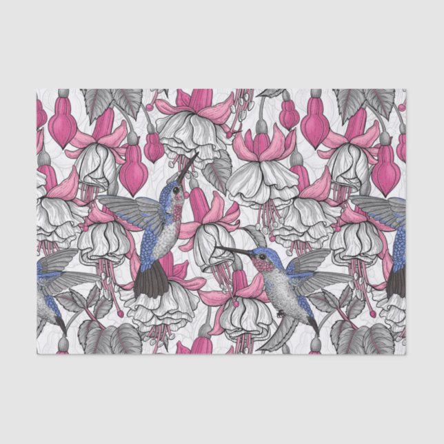 White fuchsia and hummingbirds tissue paper (Front)