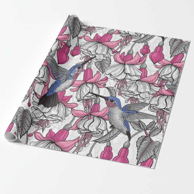 White fuchsia and hummingbirds wrapping paper (Unrolled)