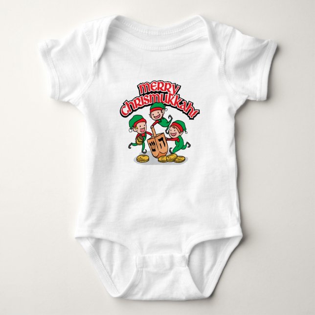 White Fun Elves with a Dreidel for Chrismukkah Baby Bodysuit (Front)