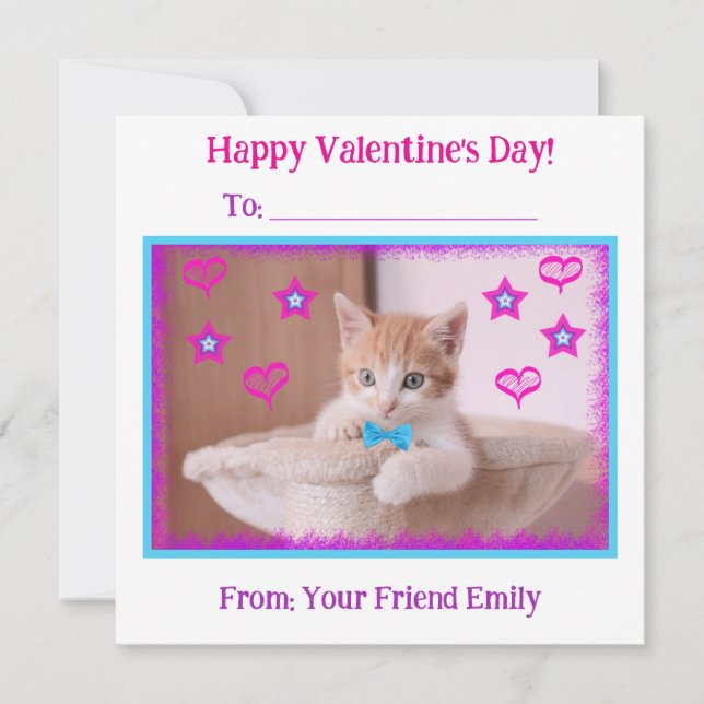White Funky Kids Kitten Classroom Valentine's Holiday Card (Front)