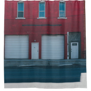 WHITE GARAGE DOORS CLOSED DURING DAYTIME SHOWER CURTAIN