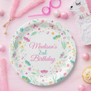 White Garden Butterfly 2nd Birthday for Girls Paper Plate