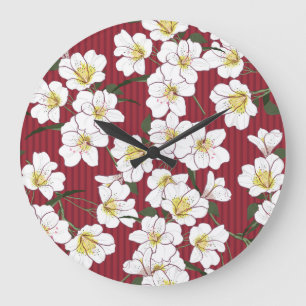 White Garden Flowers: Vintage Stripe Large Clock