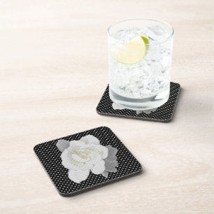 White Gardenia Flower Black White Polka Dot Coaster