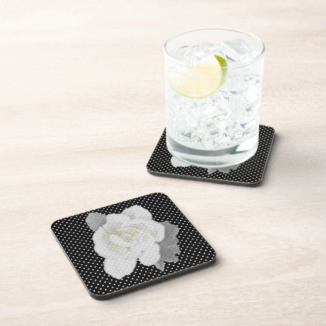 White Gardenia Flower Black White Polka Dot Coaster (Right Side)