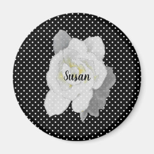White Gardenia Flower on Black White Polka Dots Magnet