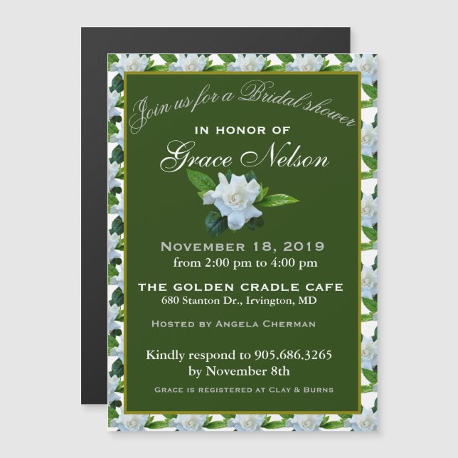 White Gardenia Green Foliage Bridal Shower Magnetic Invitation (Front/Back)