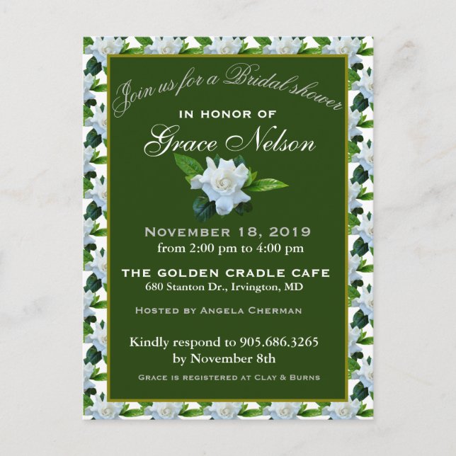 White Gardenia Green Foliage Bridal Shower Postcard (Front)