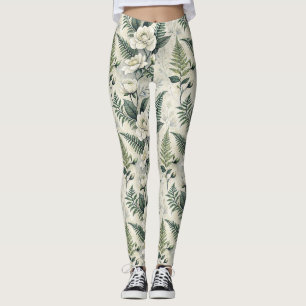 White Gardenia Sage Fern Woodland Floral Leggings