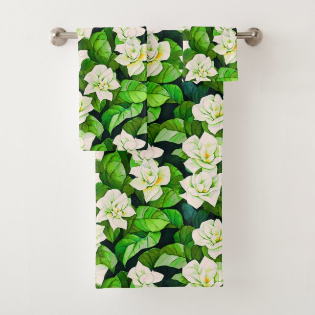 White Gardenias and Jade Green Leaves Bath Towel Set (Insitu)