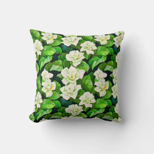 White Gardenias and Jade Green Leaves Cushion