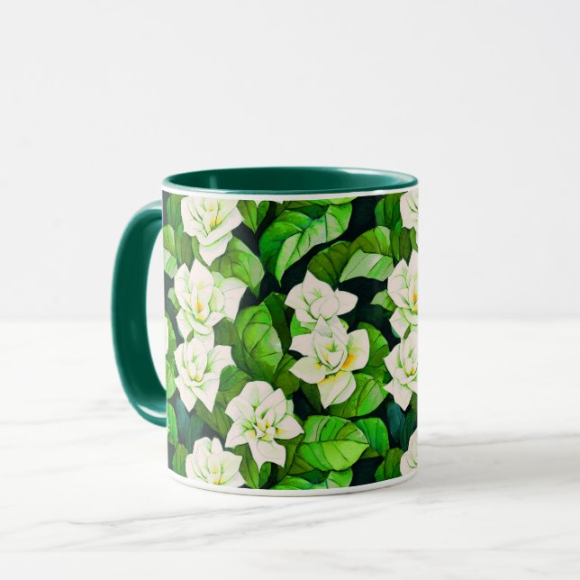 White Gardenias and Jade Green Leaves Mug (Front Left)