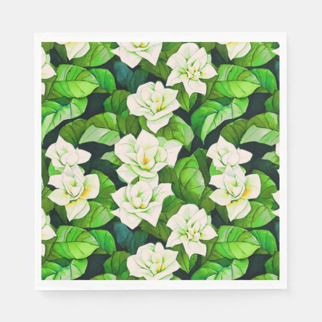 White Gardenias and Jade Green Leaves Napkin (Front)