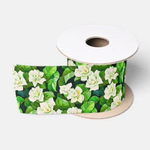 White Gardenias and Jade Green Leaves Satin Ribbon