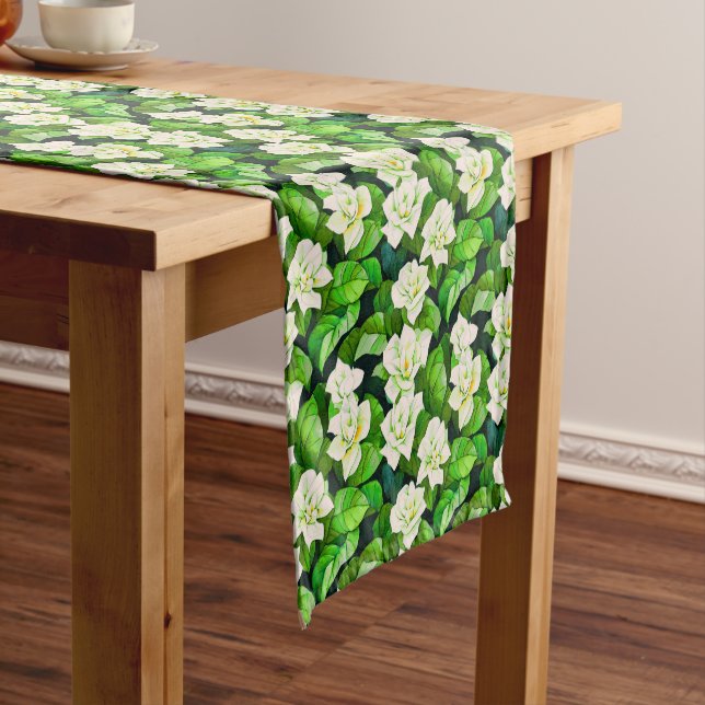 White Gardenias and Jade Green Leaves Short Table Runner (In Situ)