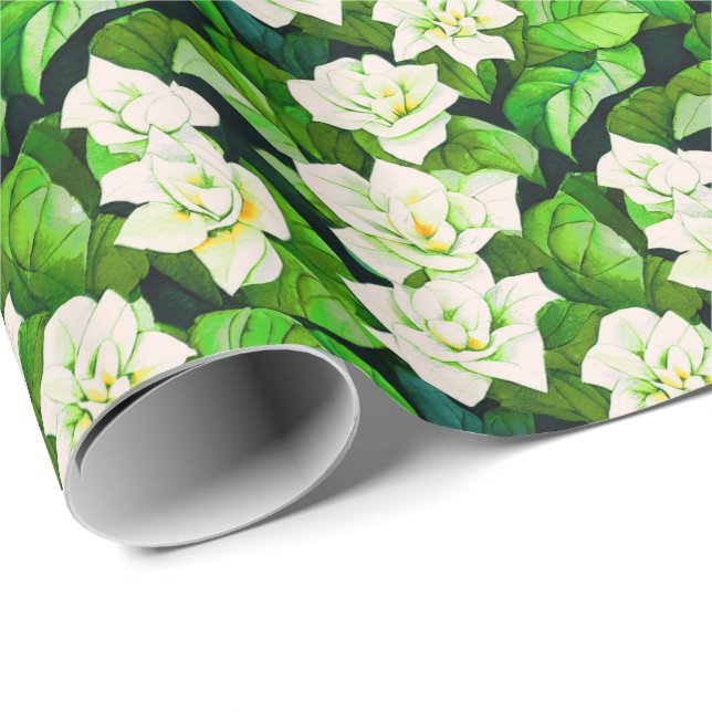 White Gardenias and Jade Green Leaves Wrapping Paper (Roll Corner)