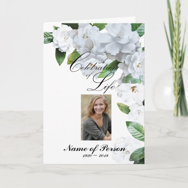 White Gardenias Flowers Floral Funeral Program (Front)