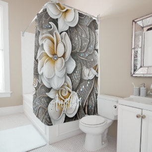 White Gardenias Silver Glitters with Custom Name Shower Curtain