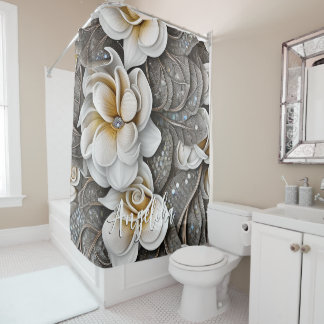 White Gardenias Silver Glitters with Custom Name Shower Curtain
