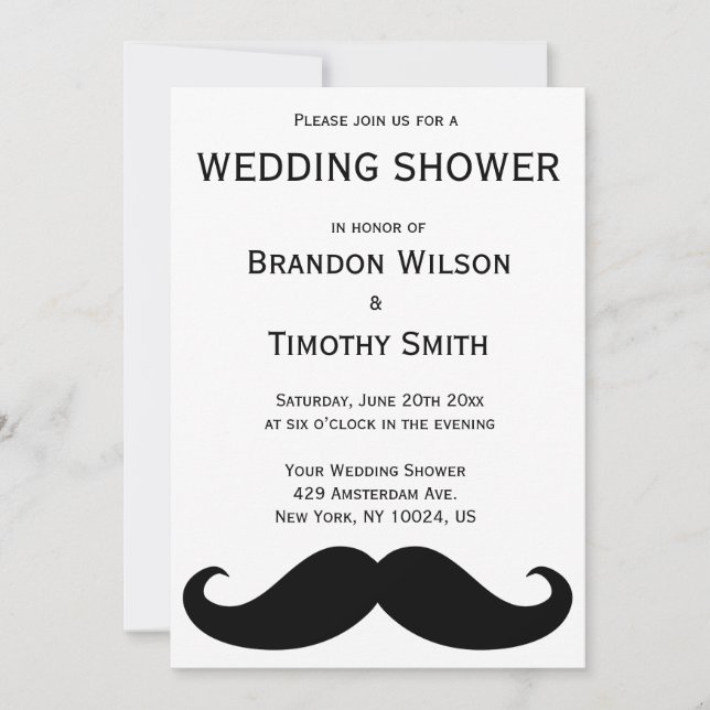 White Gay Wedding Shower Invites With Moustache (Front)