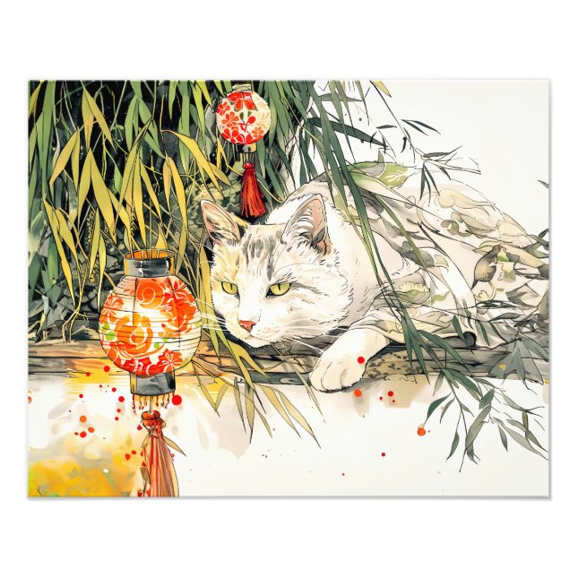 White Geisha Cat with in Bamboo Forest Chinese Ink Photo Print (Front)