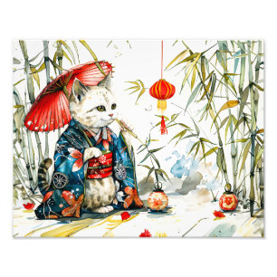 White Geisha Cat with Red Umbrella in Bamboo Fores Photo Print