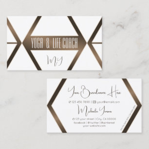 White Geometric Coffee Brown Shimmer with Monogram Business Card