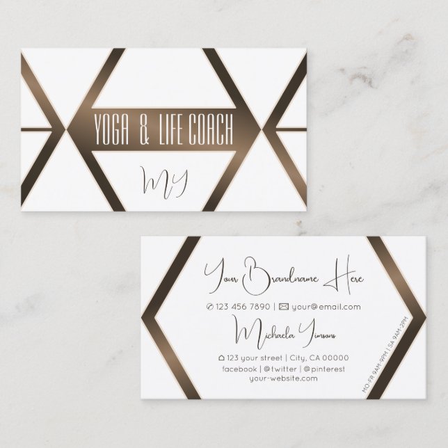 White Geometric Coffee Brown Shimmer with Monogram Business Card (Front/Back)