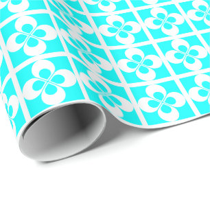 White Geometric Floral on Aqua Blue Wrapping Paper